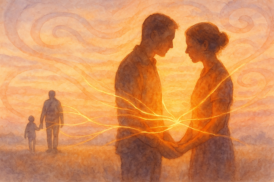 Watercolor illustration of two adult silhouettes connected by glowing threads symbolizing attachment styles and relationships rooted in childhood bonds.