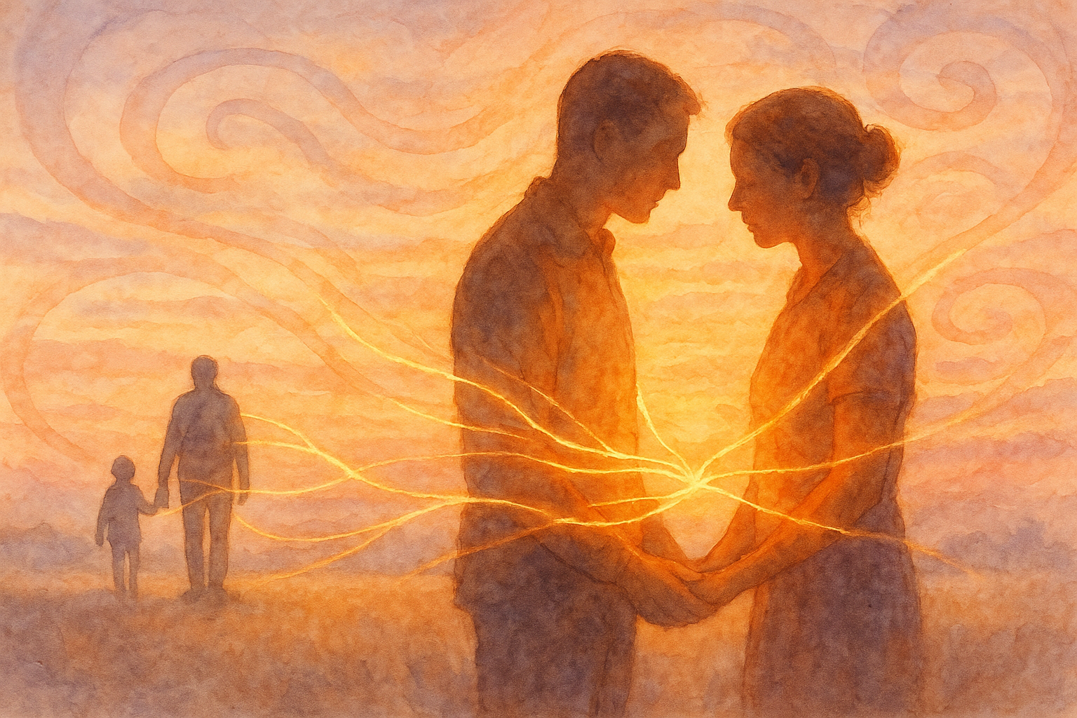 Watercolor illustration of two adult silhouettes connected by glowing threads symbolizing attachment styles and relationships rooted in childhood bonds.