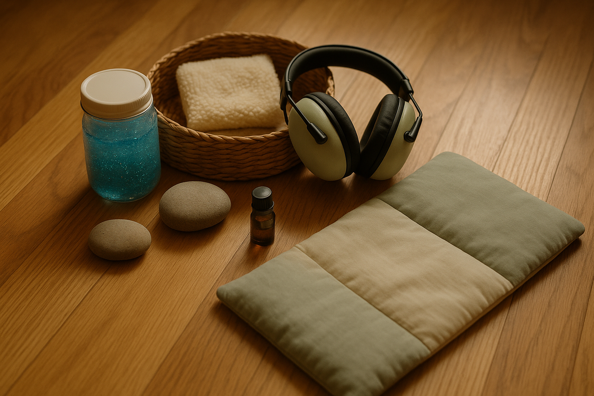Overhead view of sensory soothing kit items for kids with anxiety arranged on wooden floor