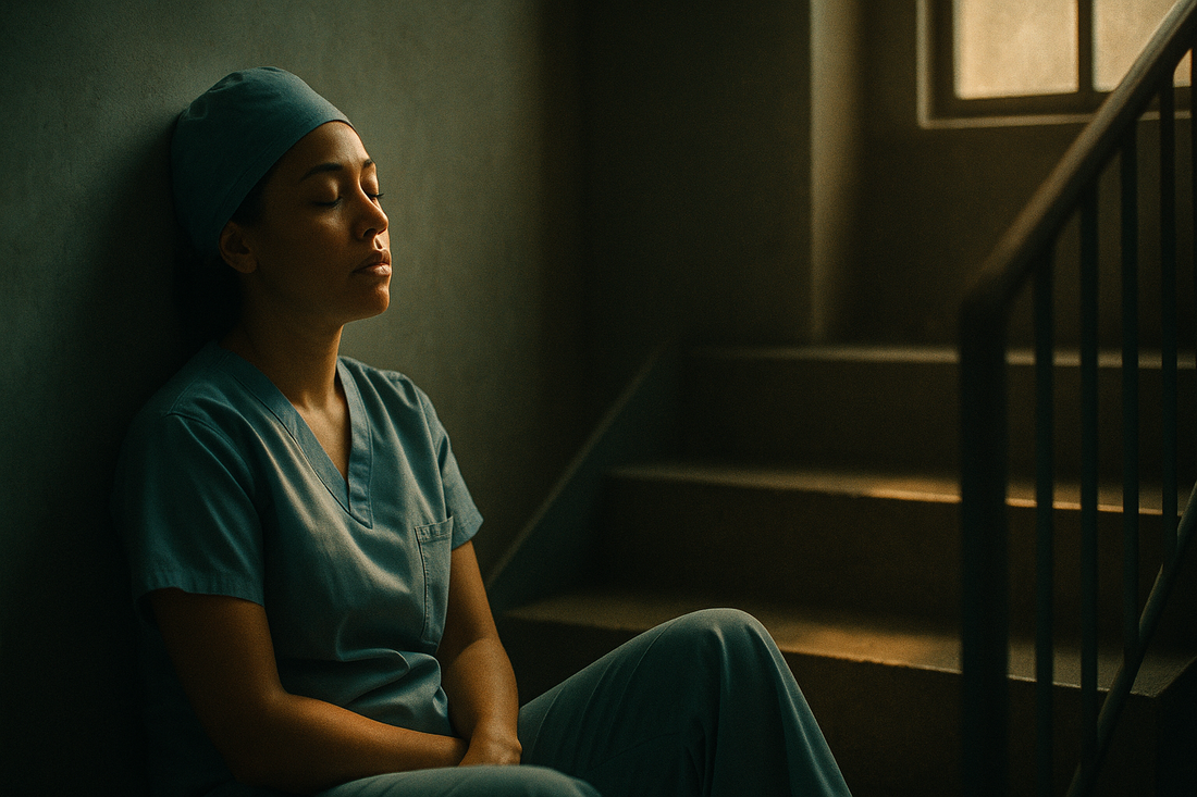 Exhausted frontline healthcare worker resting alone in dim stairwell illustrating frontline worker mental health strain