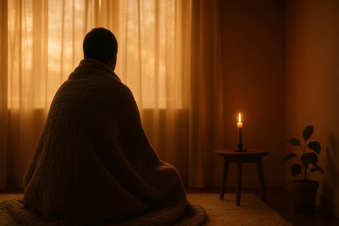 Adult wrapped in weighted blanket in calm warm-lit room representing sensory diet for adults