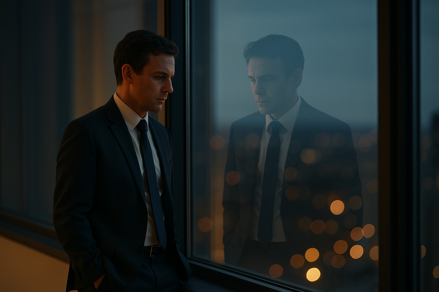 Composed professional by office window with tense reflection symbolizing hidden high-functioning anxiety beneath outward success