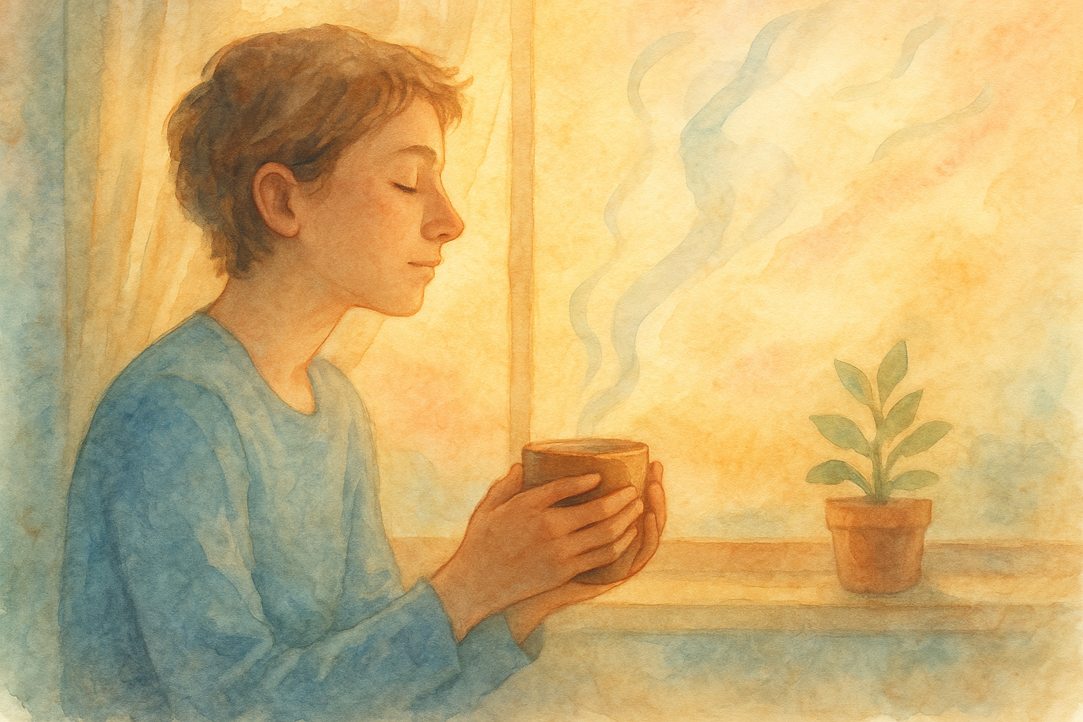 Person finding calm by sunlit window, symbolizing relief from financial stress and mental health recovery