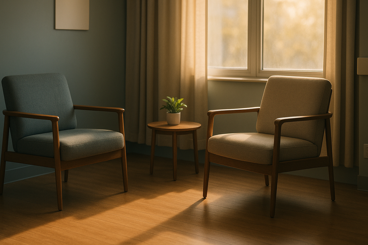 Sunlit consulting room symbolizing dignity and human rights under the Mental Health and Wellbeing Act 2022