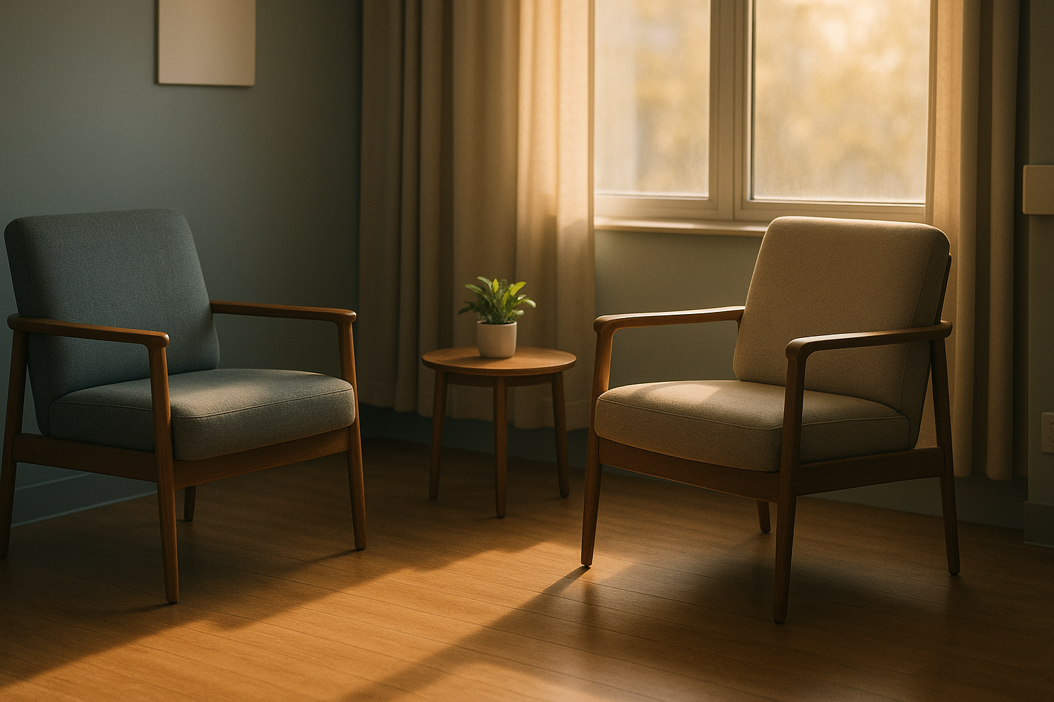 Sunlit consulting room symbolizing dignity and human rights under the Mental Health and Wellbeing Act 2022