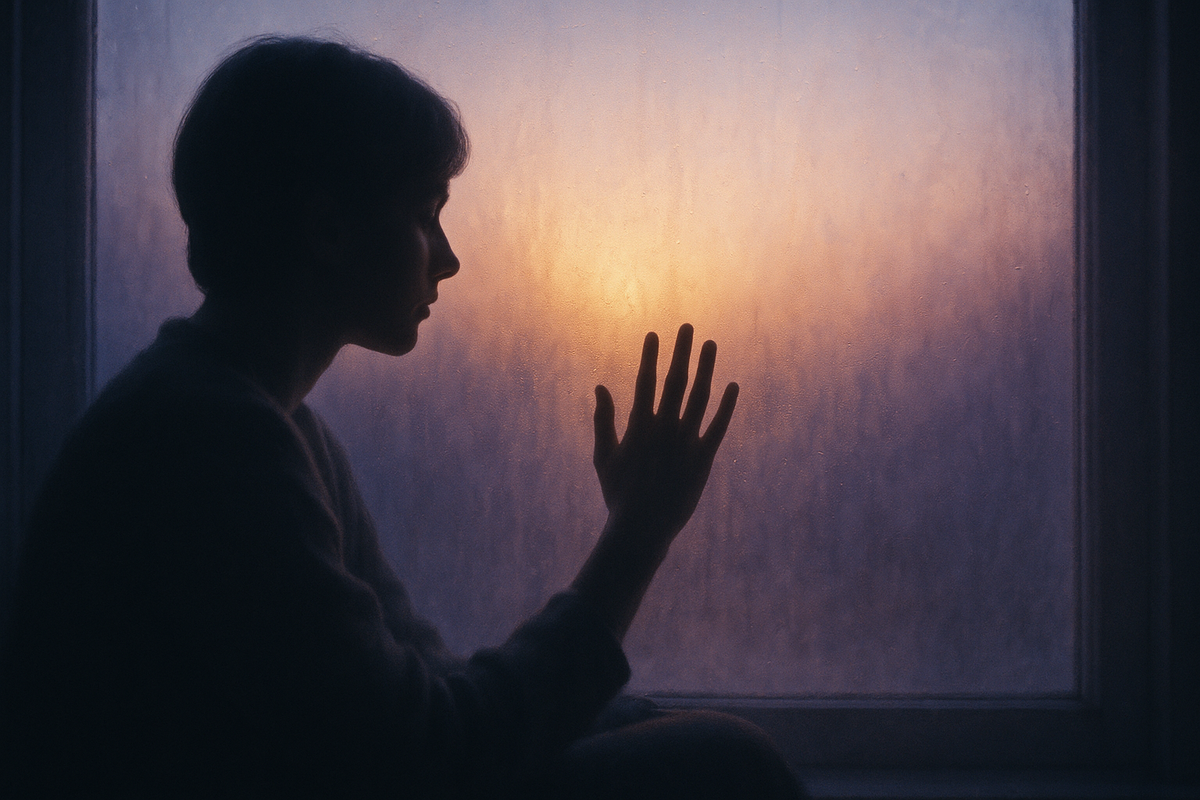Person silhouetted at foggy window at dawn representing alexithymia and difficulty naming inner emotions