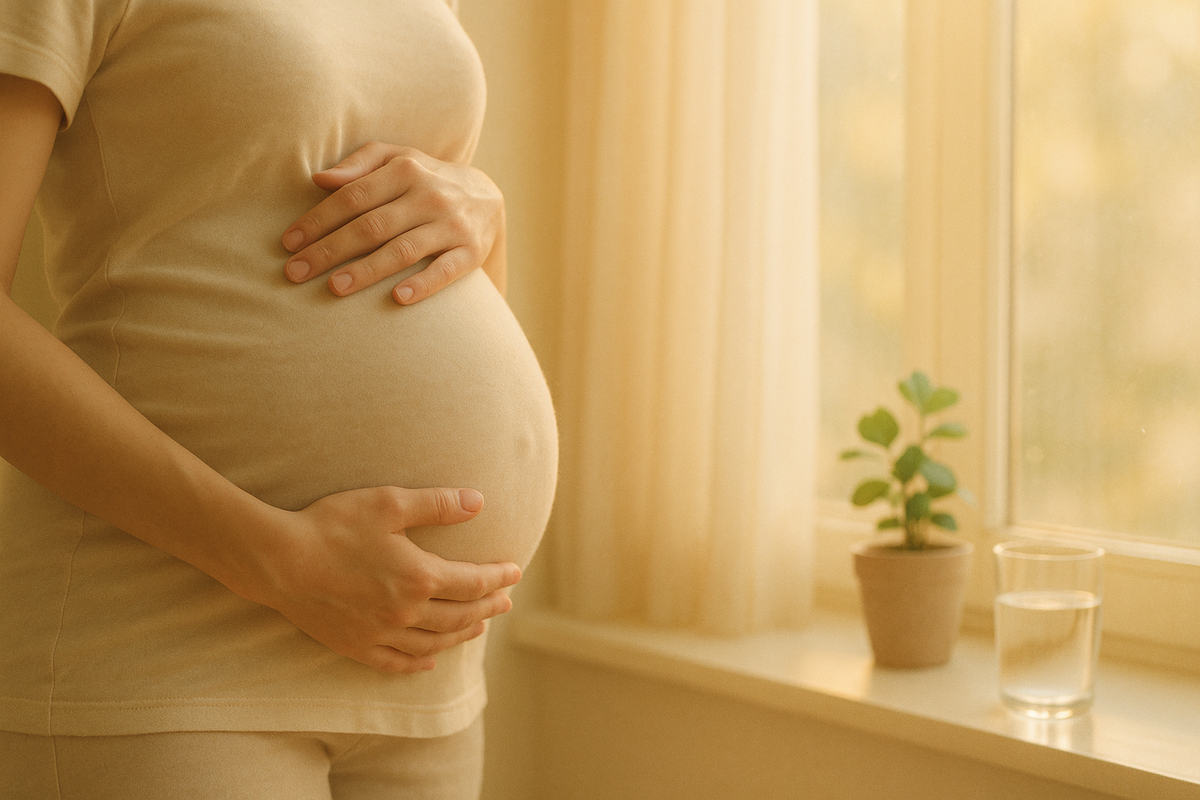 Pregnant person's hands cradling belly in warm window light representing perinatal mental health decisions about antidepressants