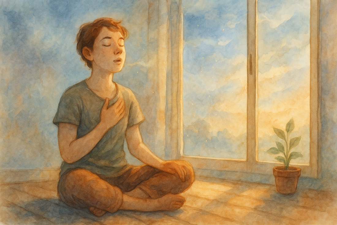 Person practicing calm breathing by a sunlit window, illustrating how to stop a panic attack through grounding
