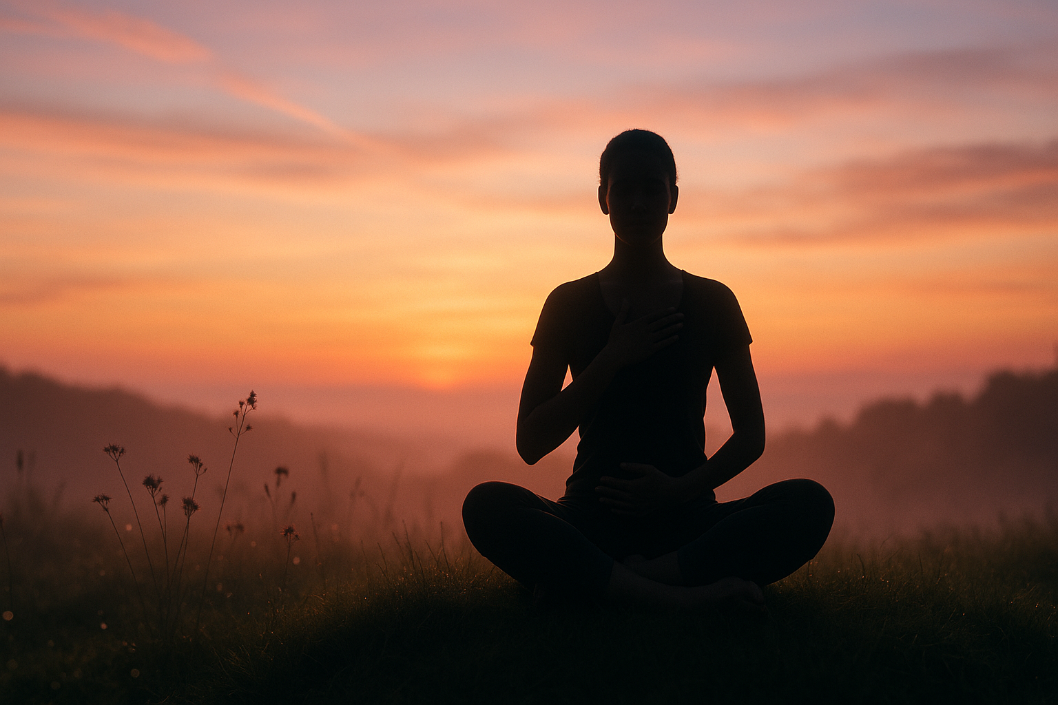 Person practicing vagus nerve breathing meditation at sunset embodying polyvagal theory calm