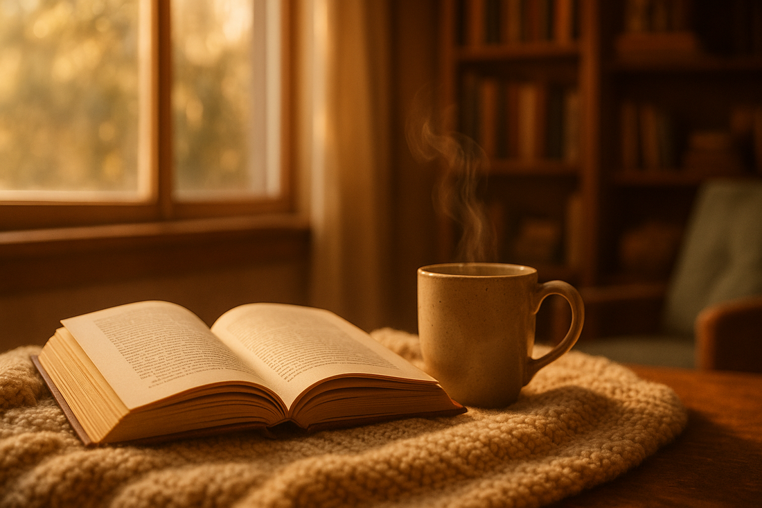 Open book on cozy blanket with warm sunlight representing bibliotherapy and emotional healing through reading