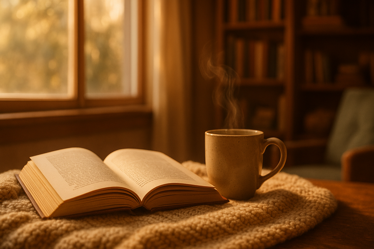 Open book on cozy blanket with warm sunlight representing bibliotherapy and emotional healing through reading