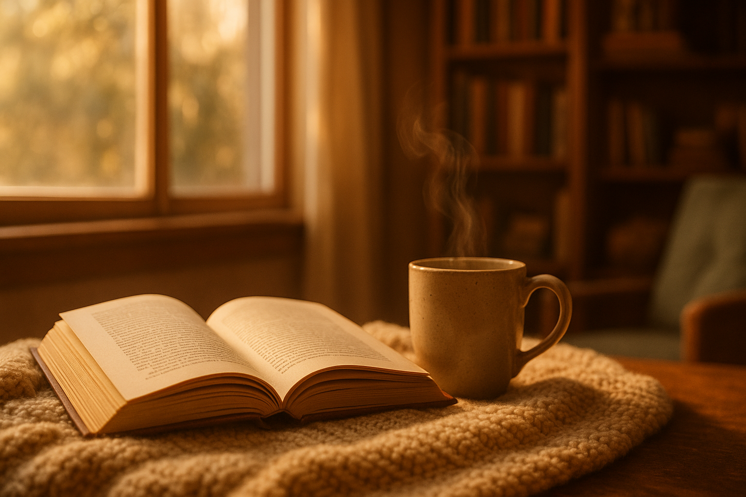 Open book on cozy blanket with warm sunlight representing bibliotherapy and emotional healing through reading