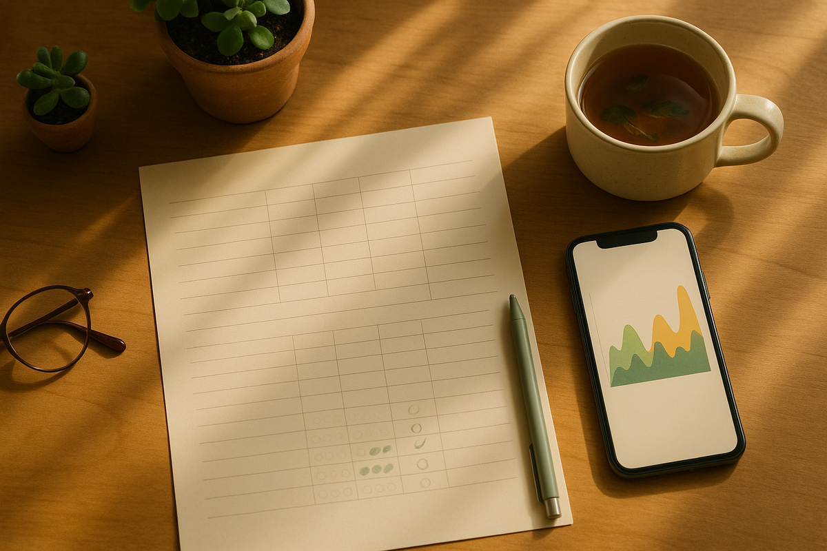 Paper mood worksheet beside smartphone showing mood tracking app on wooden desk with tea