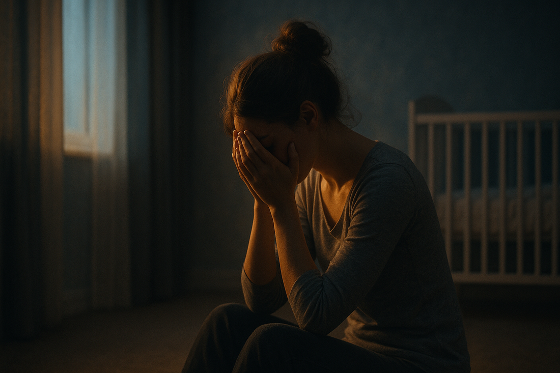 Exhausted new mother sitting on bedroom floor at dusk illustrating postpartum rage and overwhelm