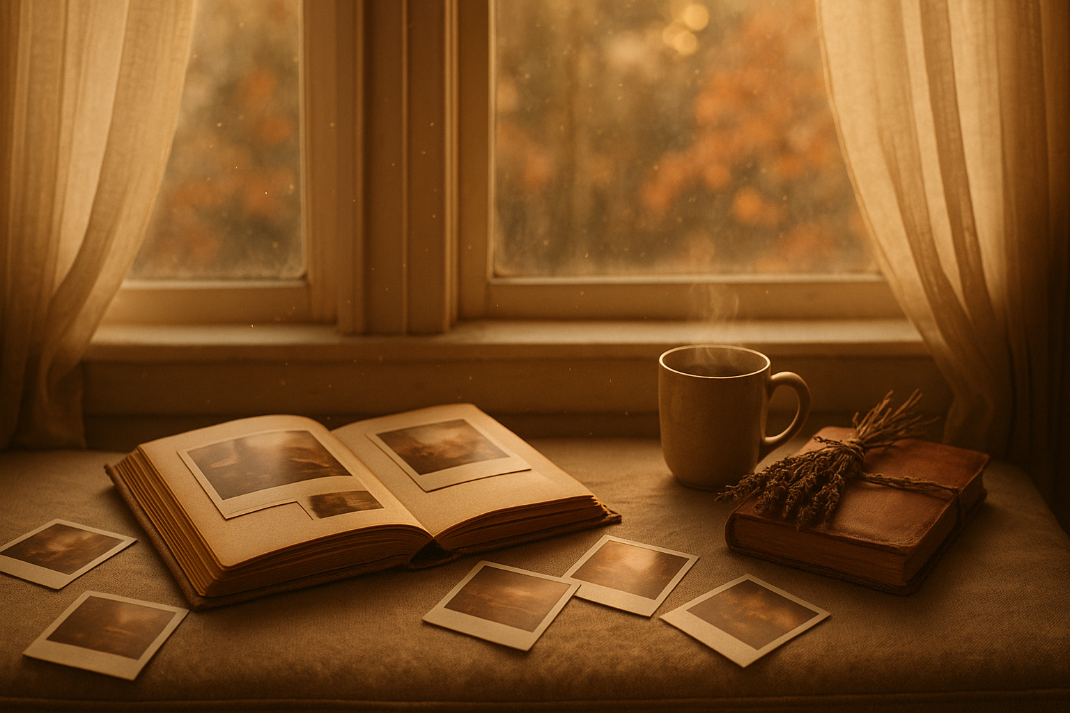 Sunlit window seat with vintage photo album and scattered photos illustrating the psychology of nostalgia