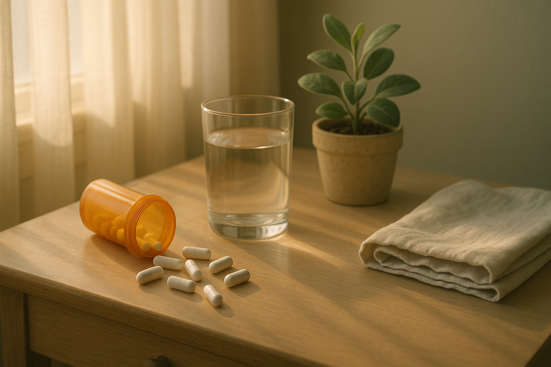 Prescription pill bottle and water glass on wooden table symbolizing safe antidepressant taper