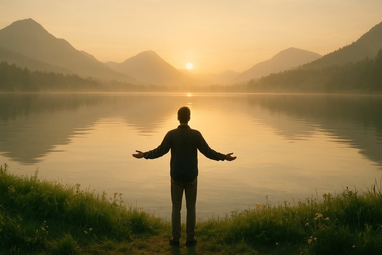 Person practicing acceptance and commitment therapy mindfulness at a tranquil sunrise lake with open arms