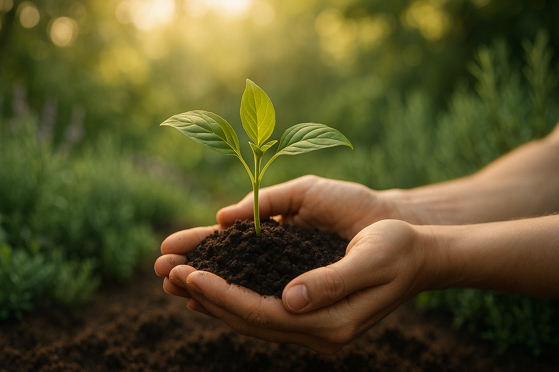 Hands holding a seedling in soil illustrating therapeutic horticulture for depression and PTSD recovery