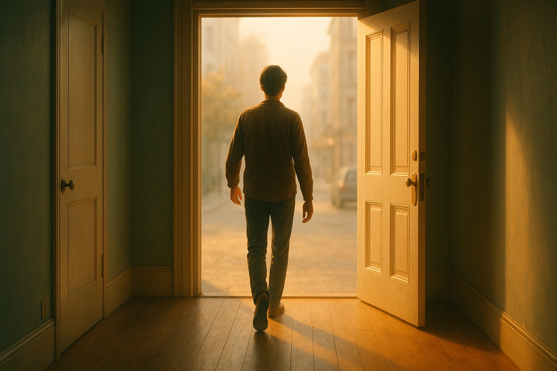 Person stepping through doorway into sunlit street symbolizing exposure therapy for panic attacks and recovery