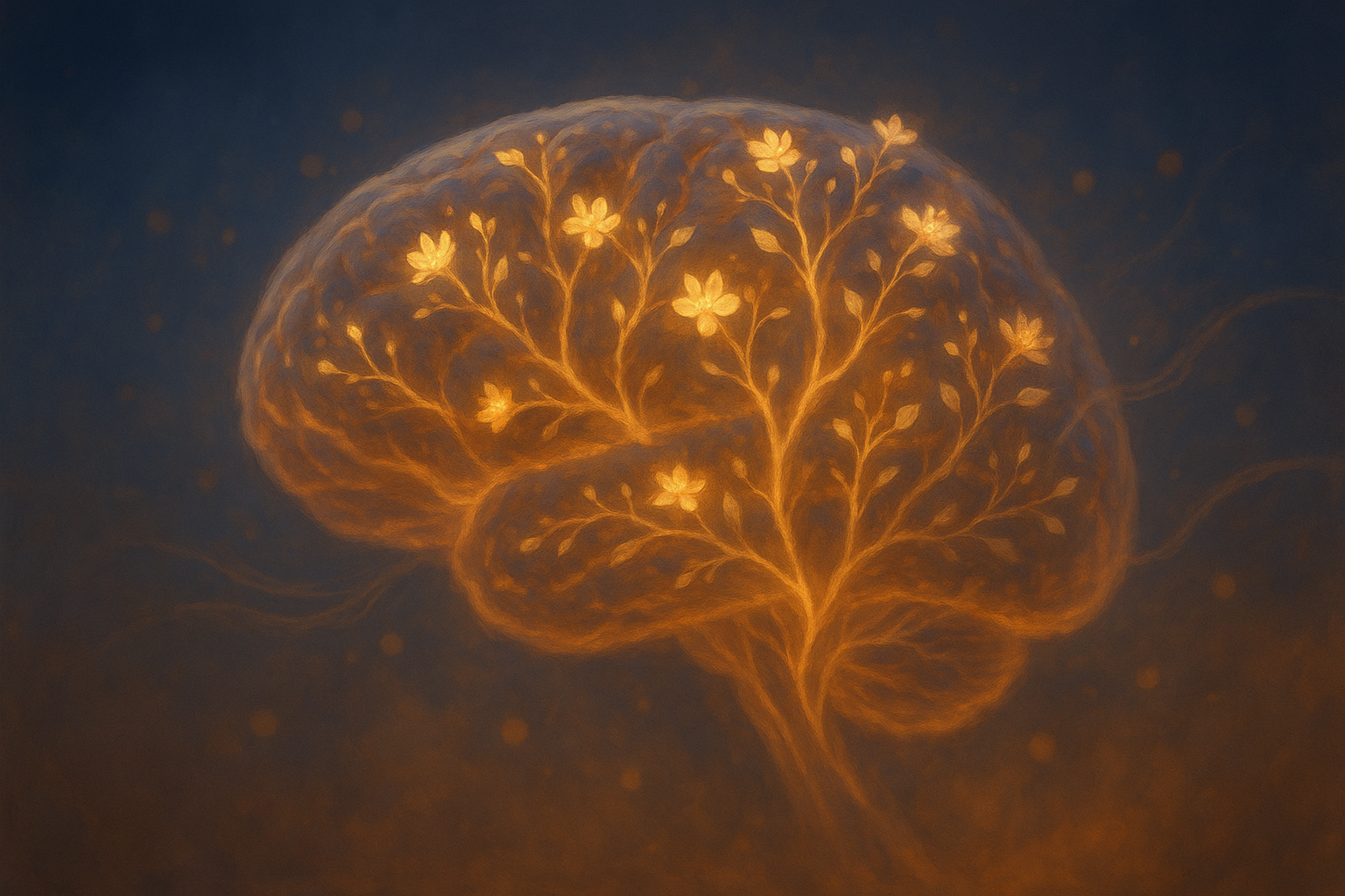 Glowing neural pathways blooming into light, illustrating how gratitude rewires the brain for mental health