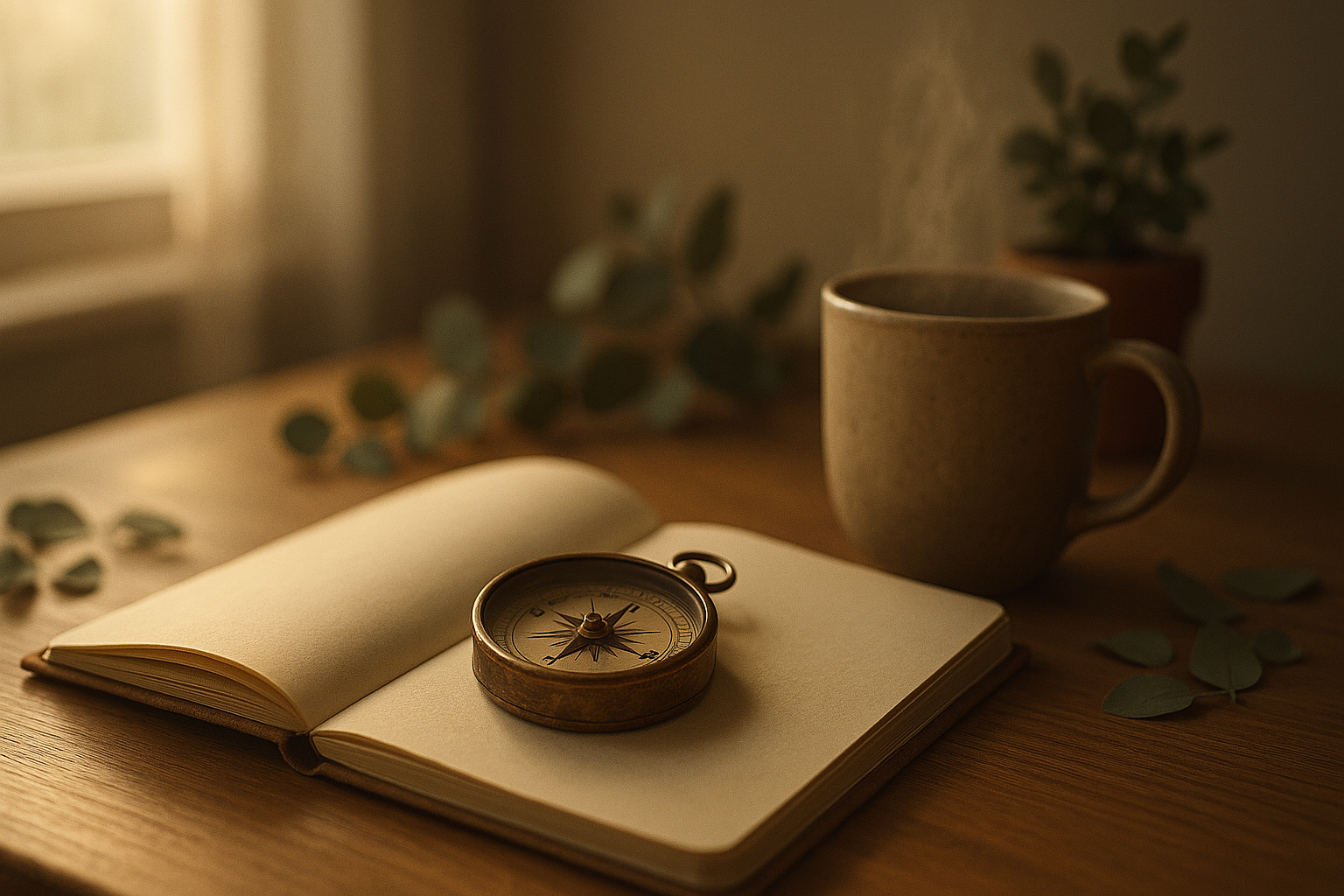 Brass compass on open journal representing ACT values clarification and finding personal direction