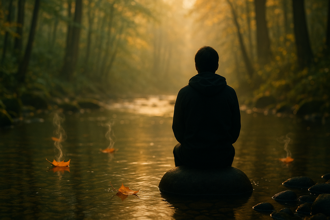 Person sitting by forest stream watching leaves float, illustrating cognitive defusion techniques for intrusive thoughts
