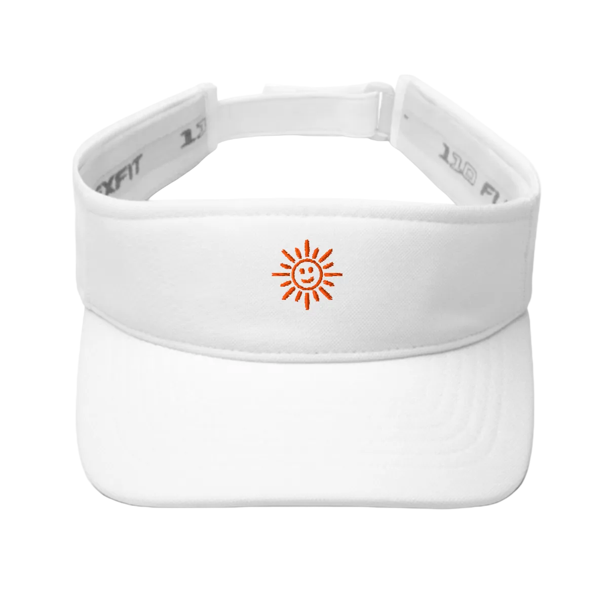White visor with a sun logo on a white background