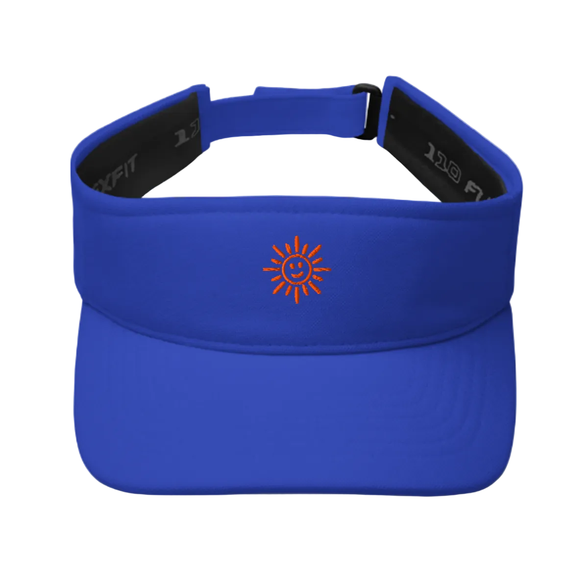 Blue visor with a sun logo on a white background
