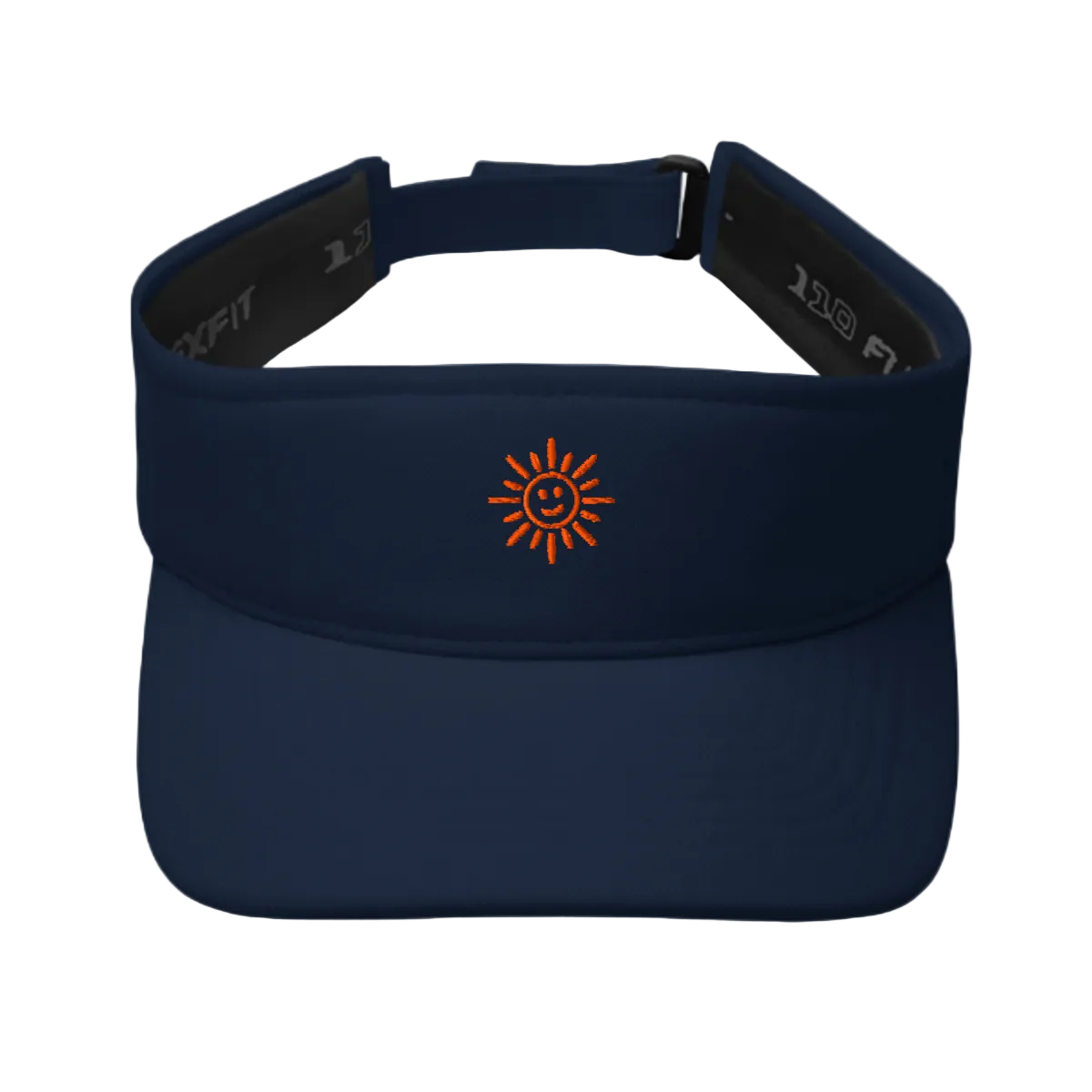 Navy visor with a sun logo on a white background