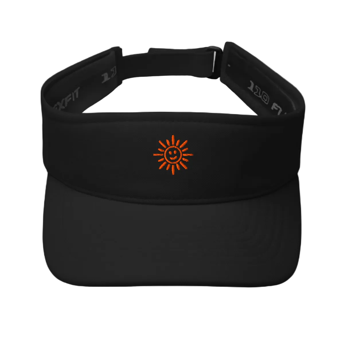 Black visor with a sun logo on a white background