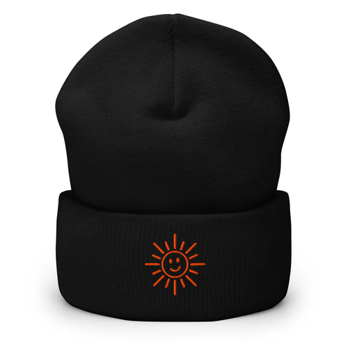 The Sunshine Embroidered Cuffed Beanie, black cuffed beanie, front view