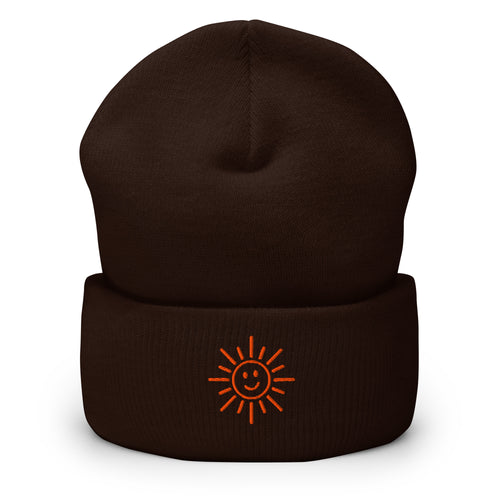 The Sunshine Embroidered Cuffed Beanie, brown cuffed beanie, front view