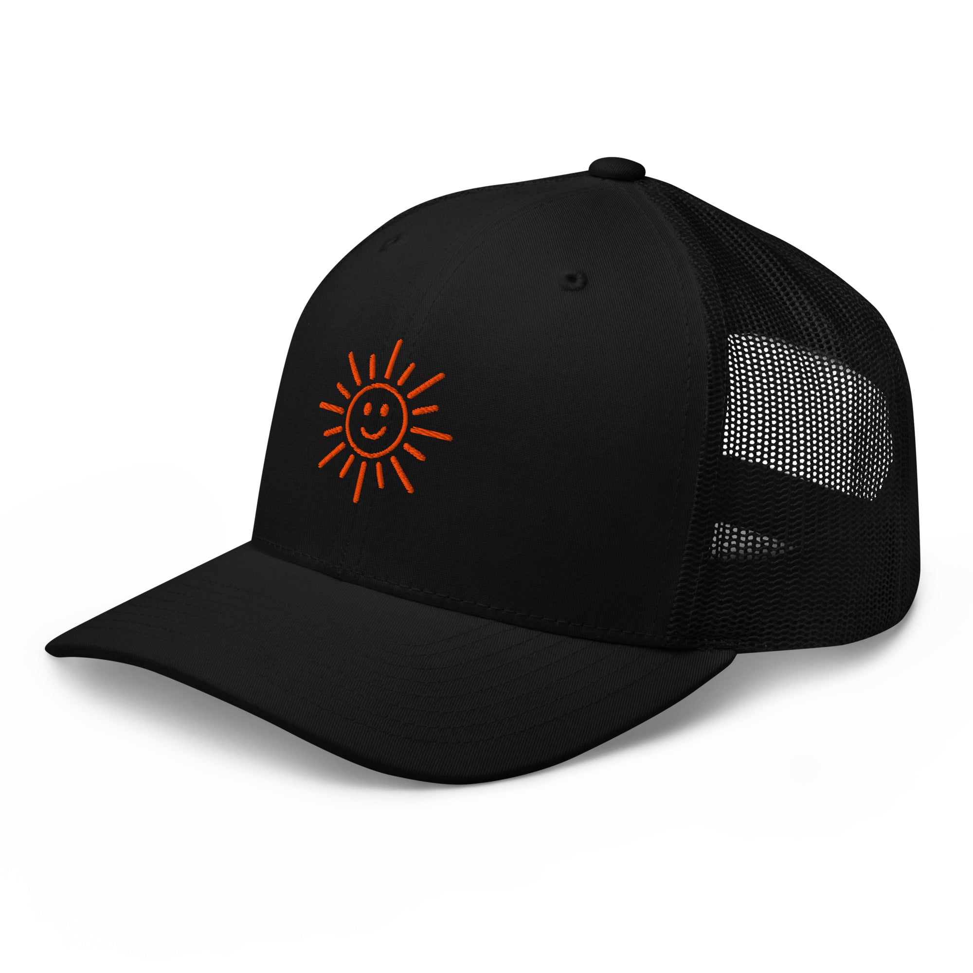 The Sunshine Project mesh-back trucker hat in black, angled front view
