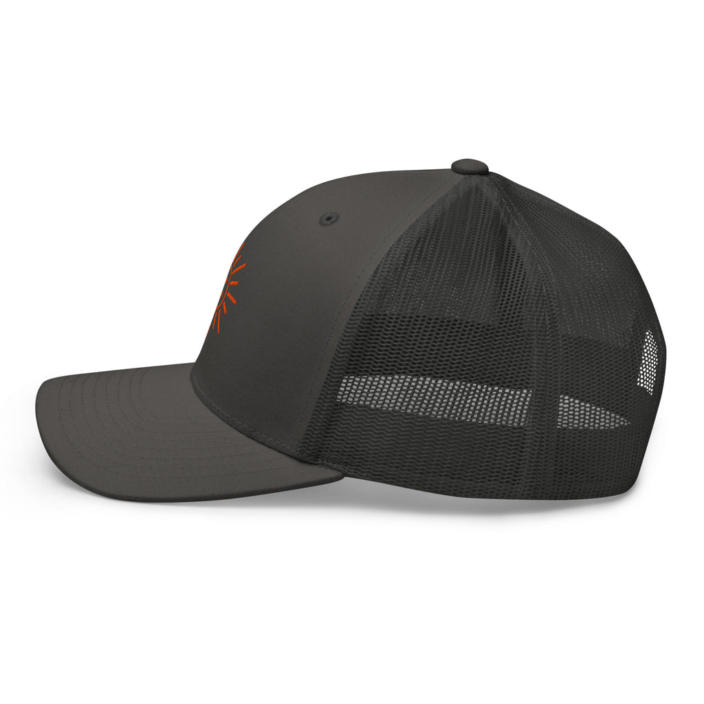 The Sunshine Project mesh-back trucker hat in charcoal gray, left side view