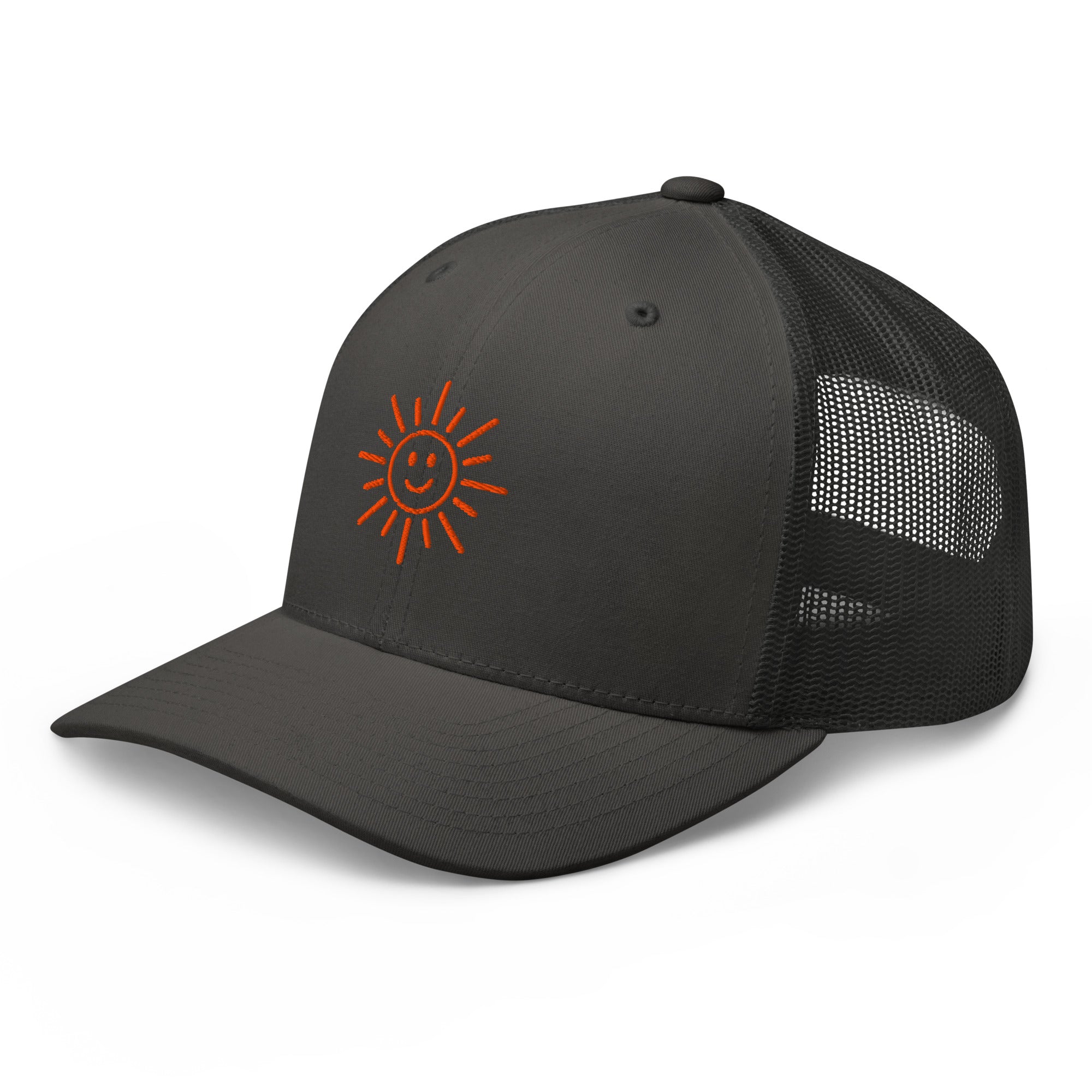 The Sunshine Project mesh-back trucker hat in charcoal gray, angled front view