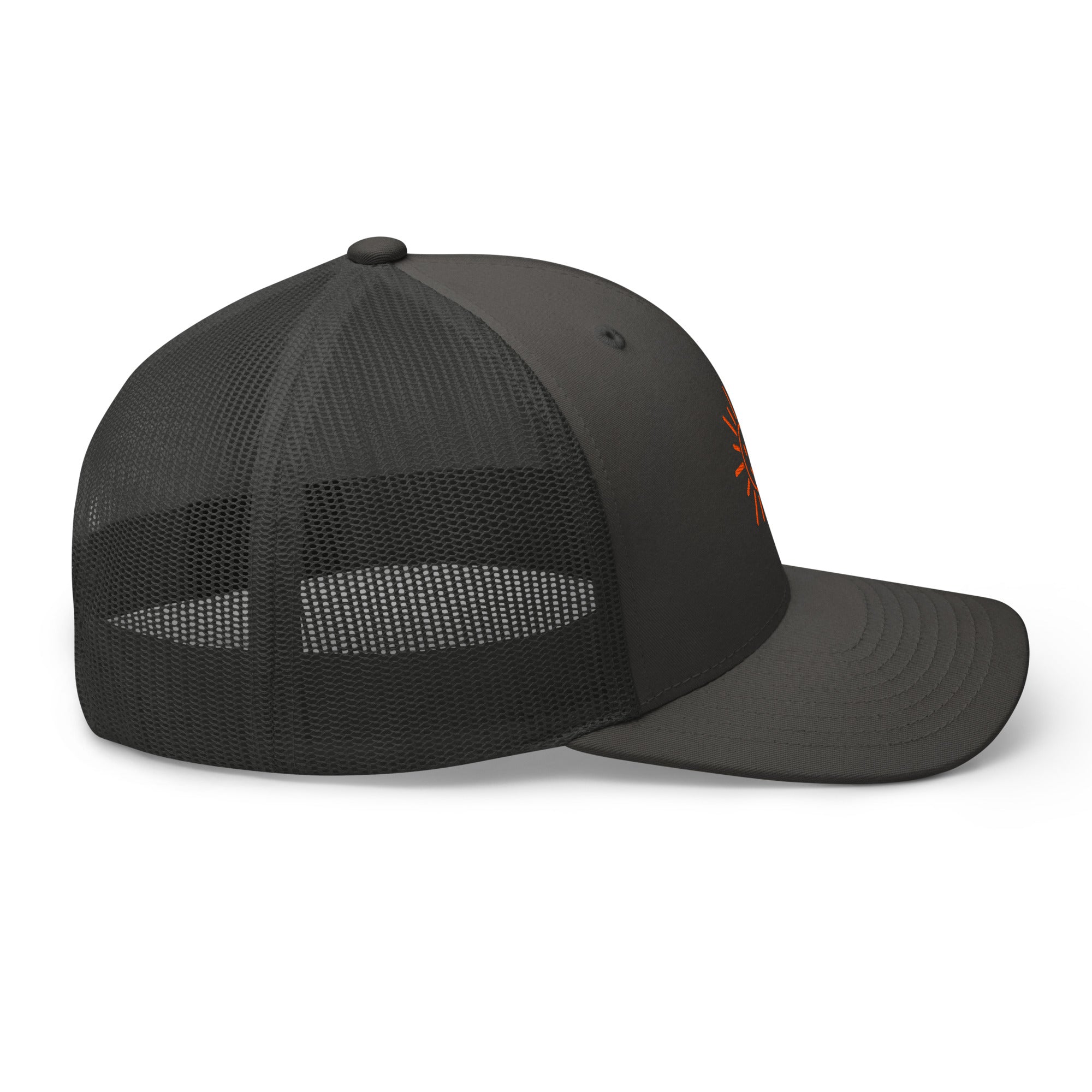 The Sunshine Project mesh-back trucker hat in charcoal gray, right side view