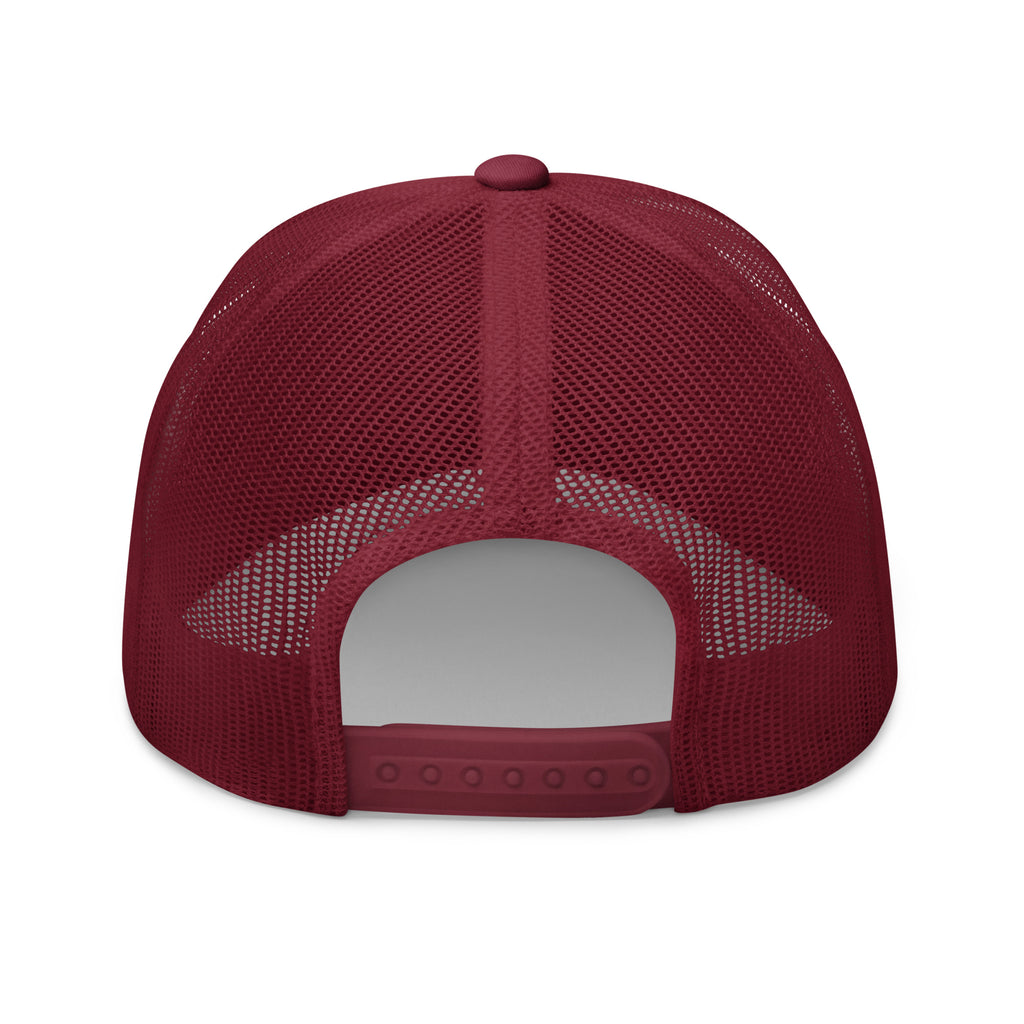 The Sunshine Project mesh-back trucker hat in cranberry red, back view
