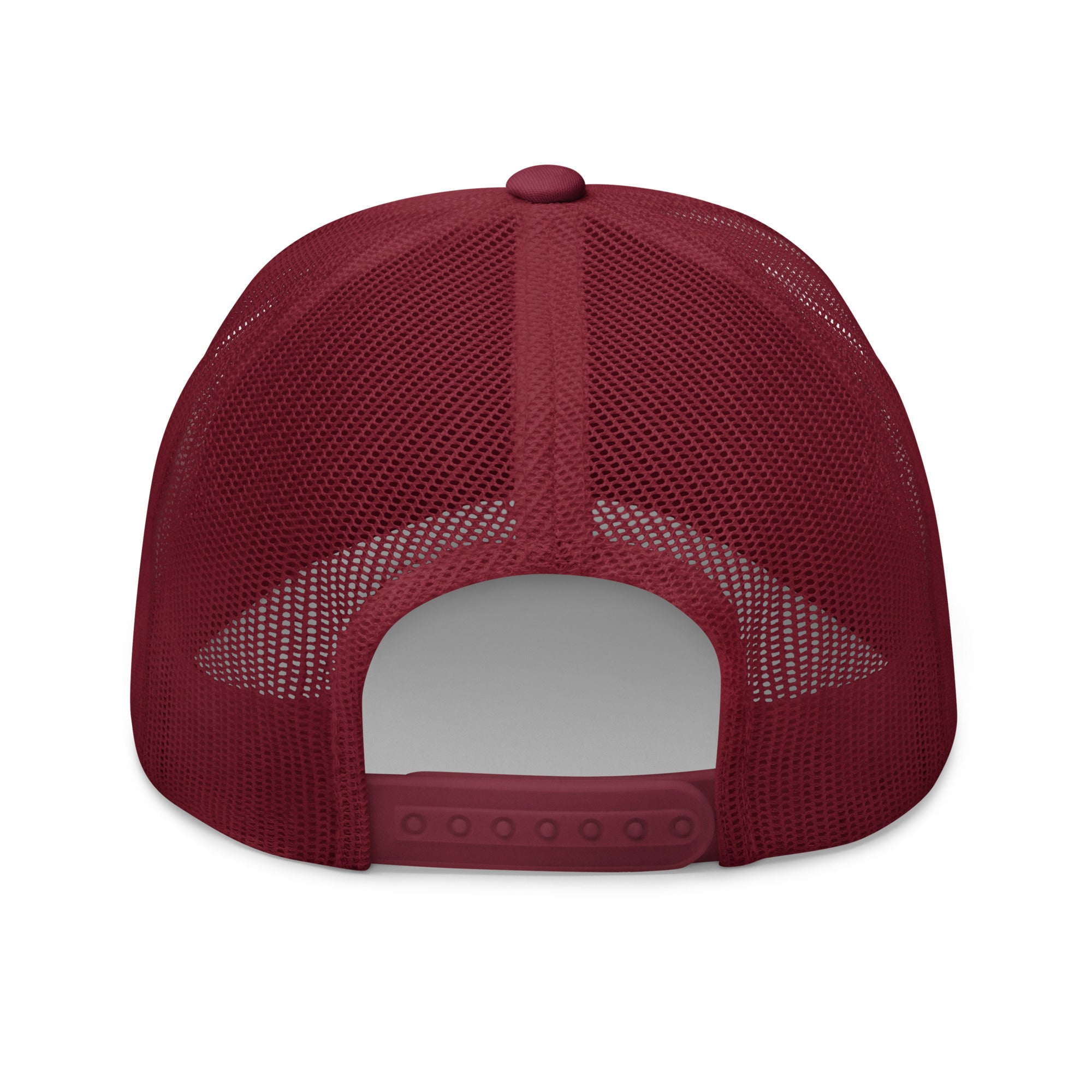 The Sunshine Project mesh-back trucker hat in cranberry red, back view