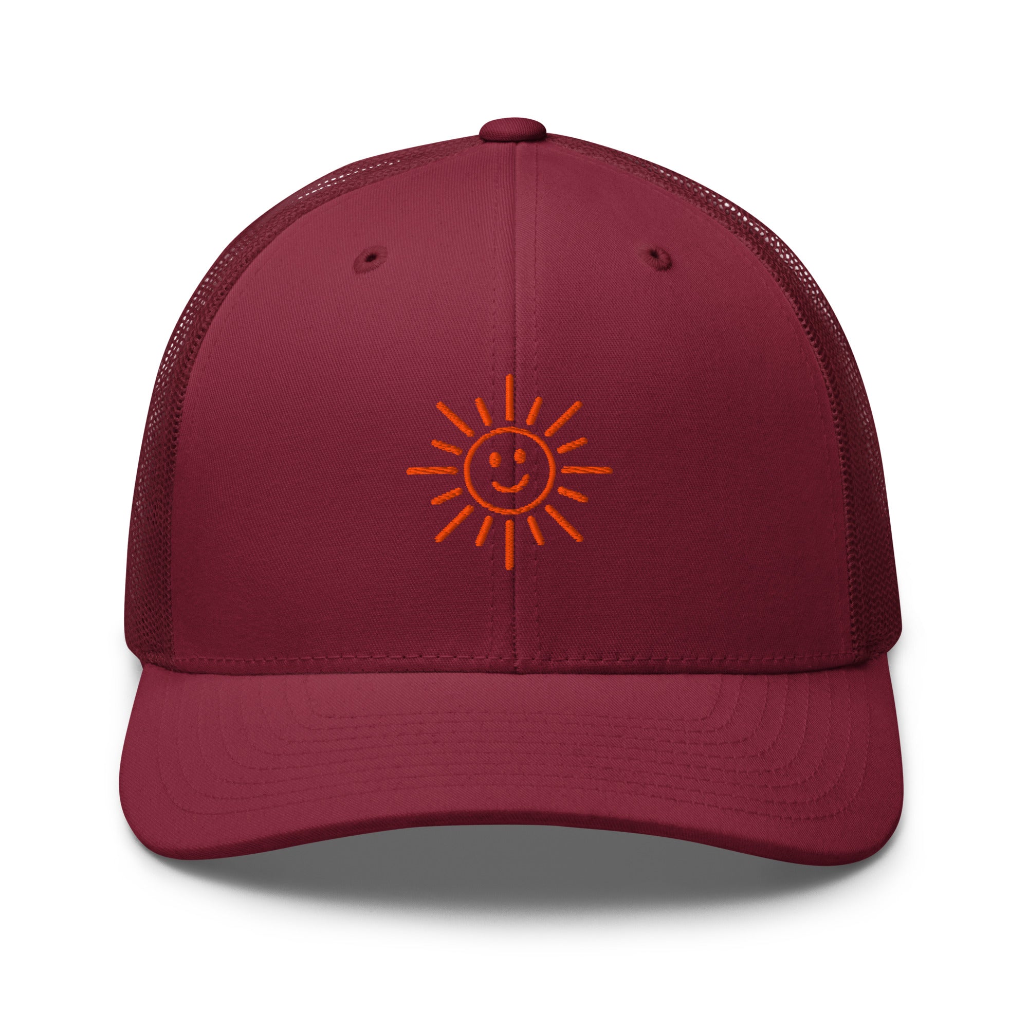 The Sunshine Project mesh-back trucker hat in cranberry red, front view