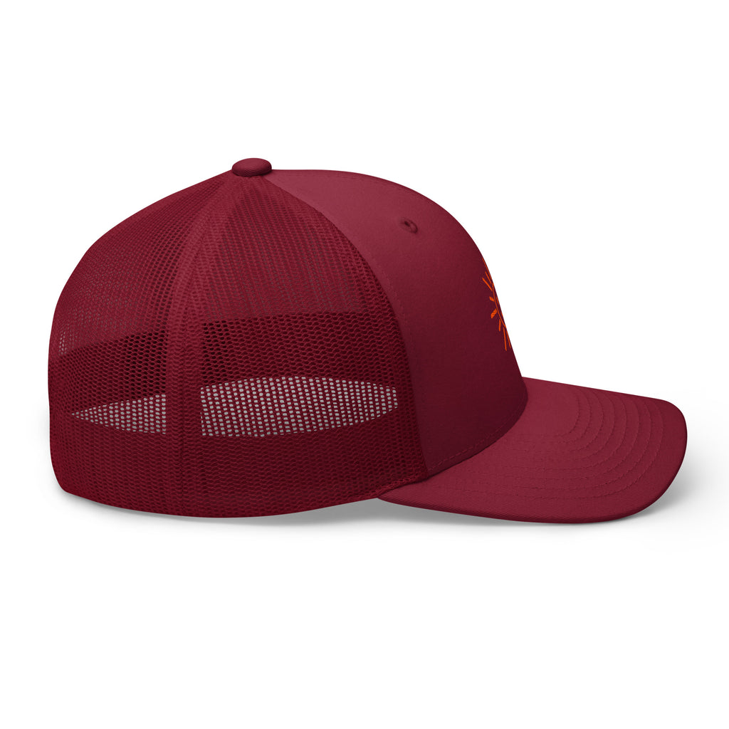 The Sunshine Project mesh-back trucker hat in cranberry red, right side view