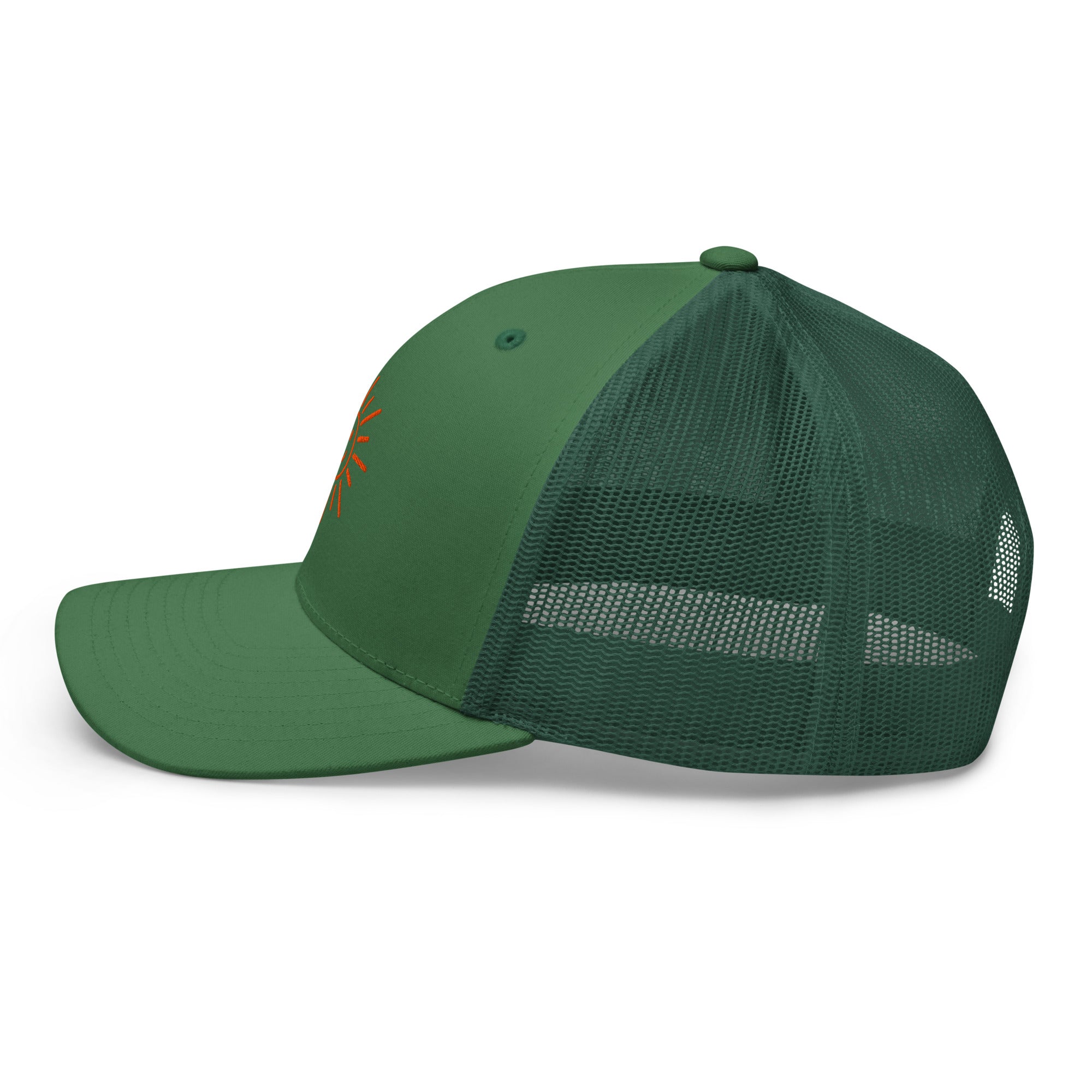 The Sunshine Project mesh-back trucker hat in evergreen, left side view