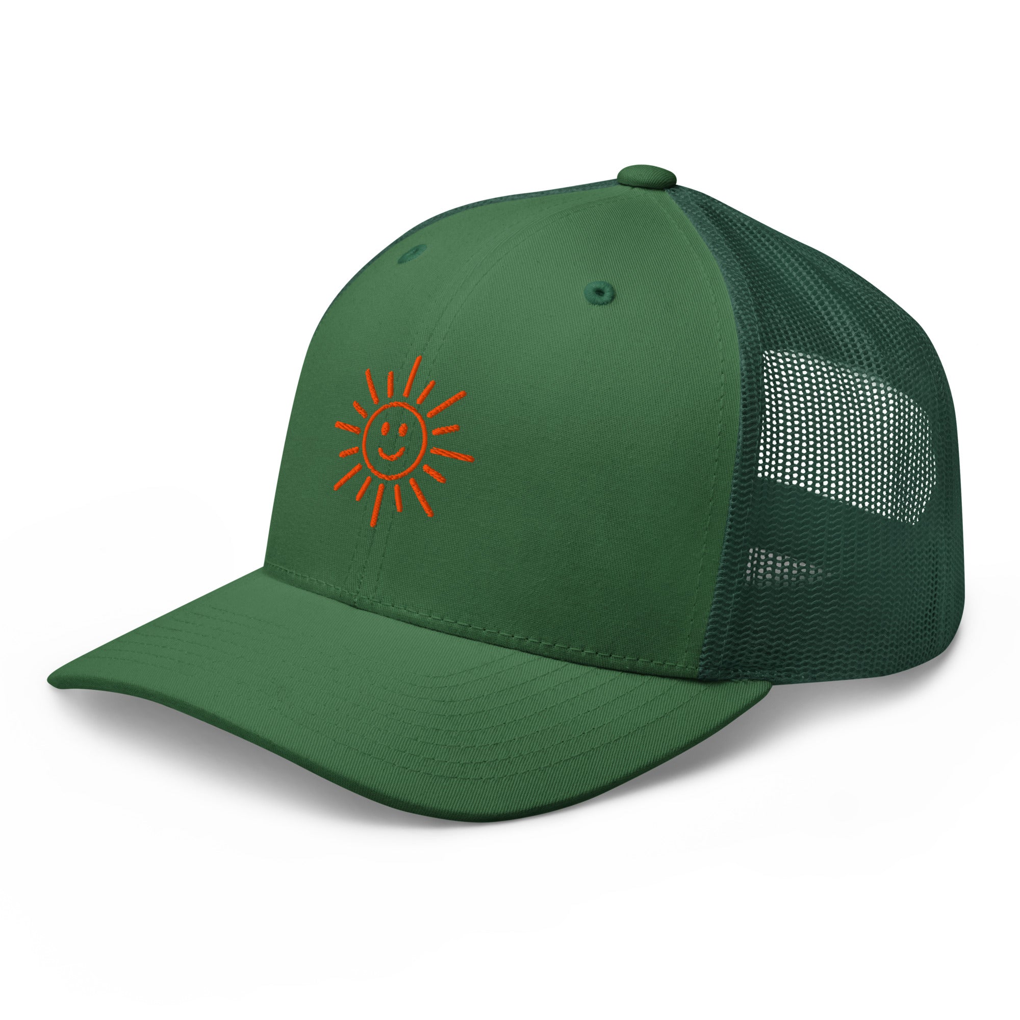 The Sunshine Project mesh-back trucker hat in evergreen, angled front view