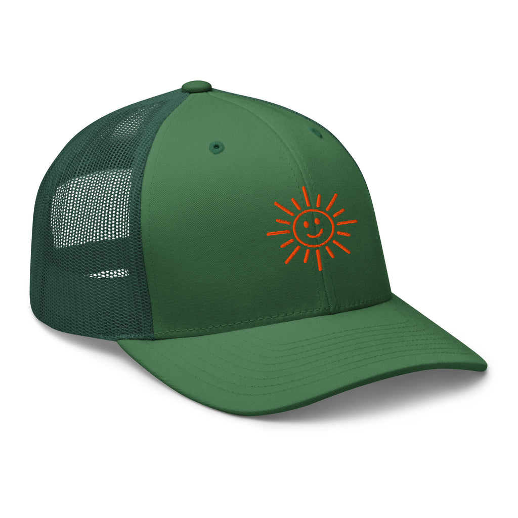 The Sunshine Project mesh-back trucker hat in evergreen, angled front view