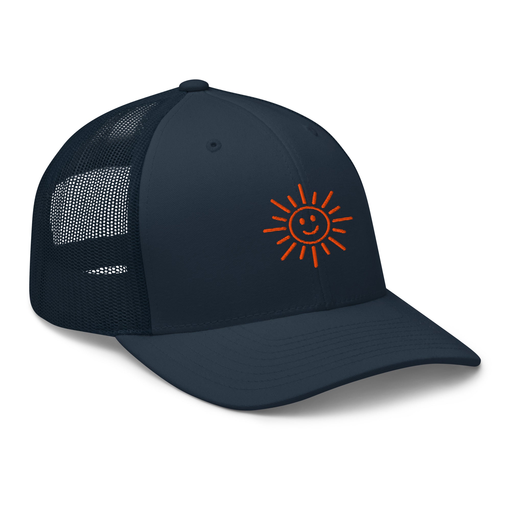 The Sunshine Project mesh-back trucker hat in navy, angled front view