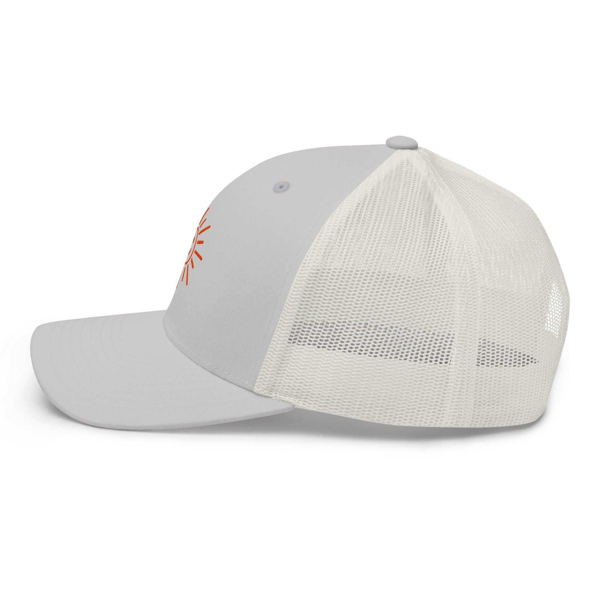 The Sunshine Project mesh-back trucker hat in silver, left side view