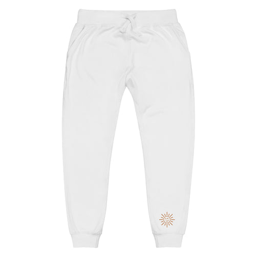 The Sunshine Fleece Sweatpants, white unisex fleece sweatpants, front view