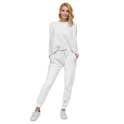 The Sunshine Fleece Sweatpants, white unisex fleece sweatpants, front view