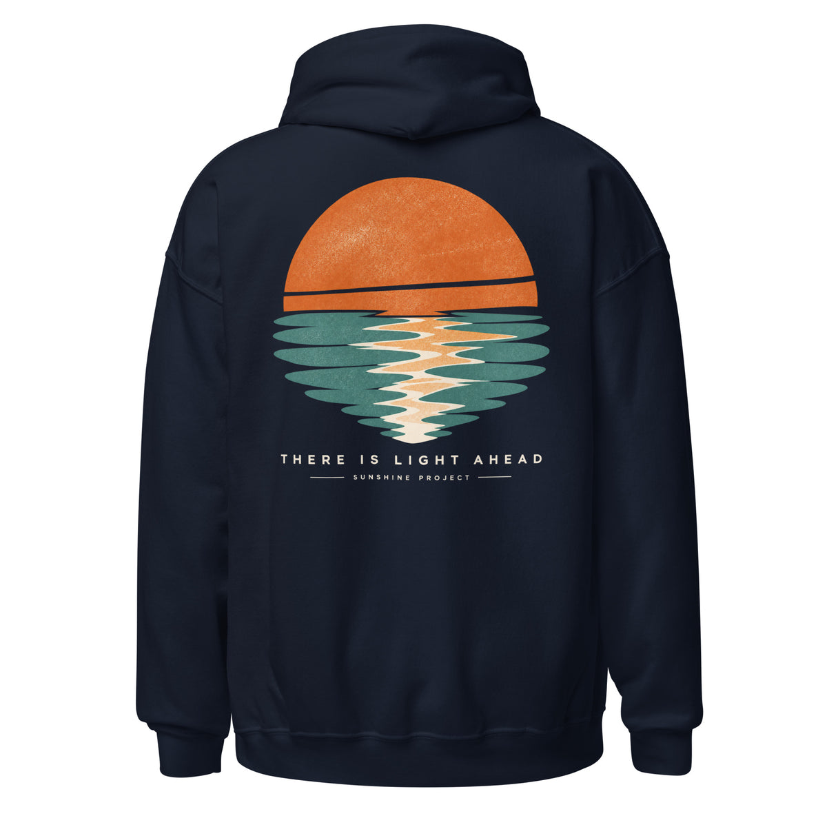 Sunshine Project "There Is Light Ahead" hoodie in navy, back view