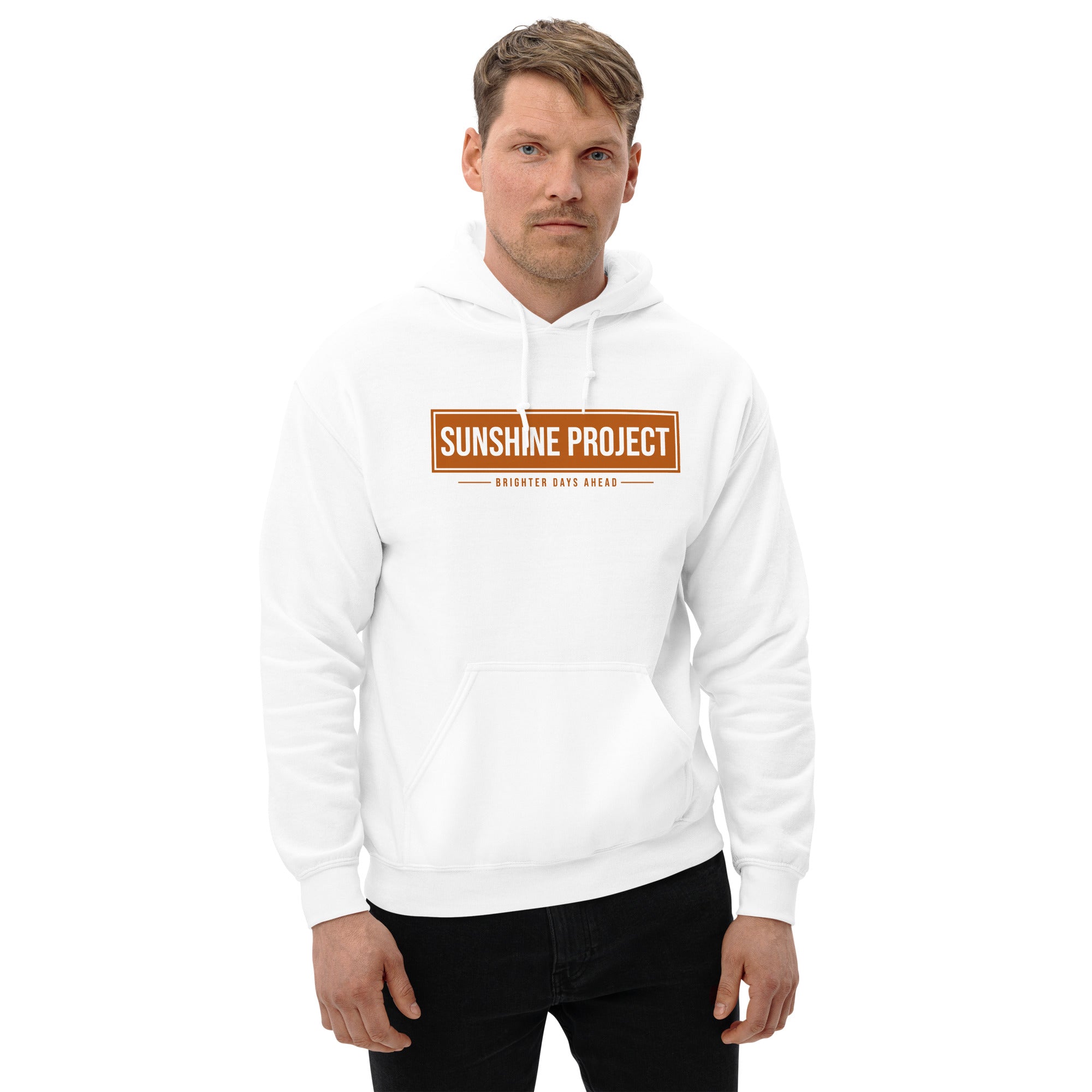 Sunshine Project Brighter Days Ahead unisex hoodie in white, front view