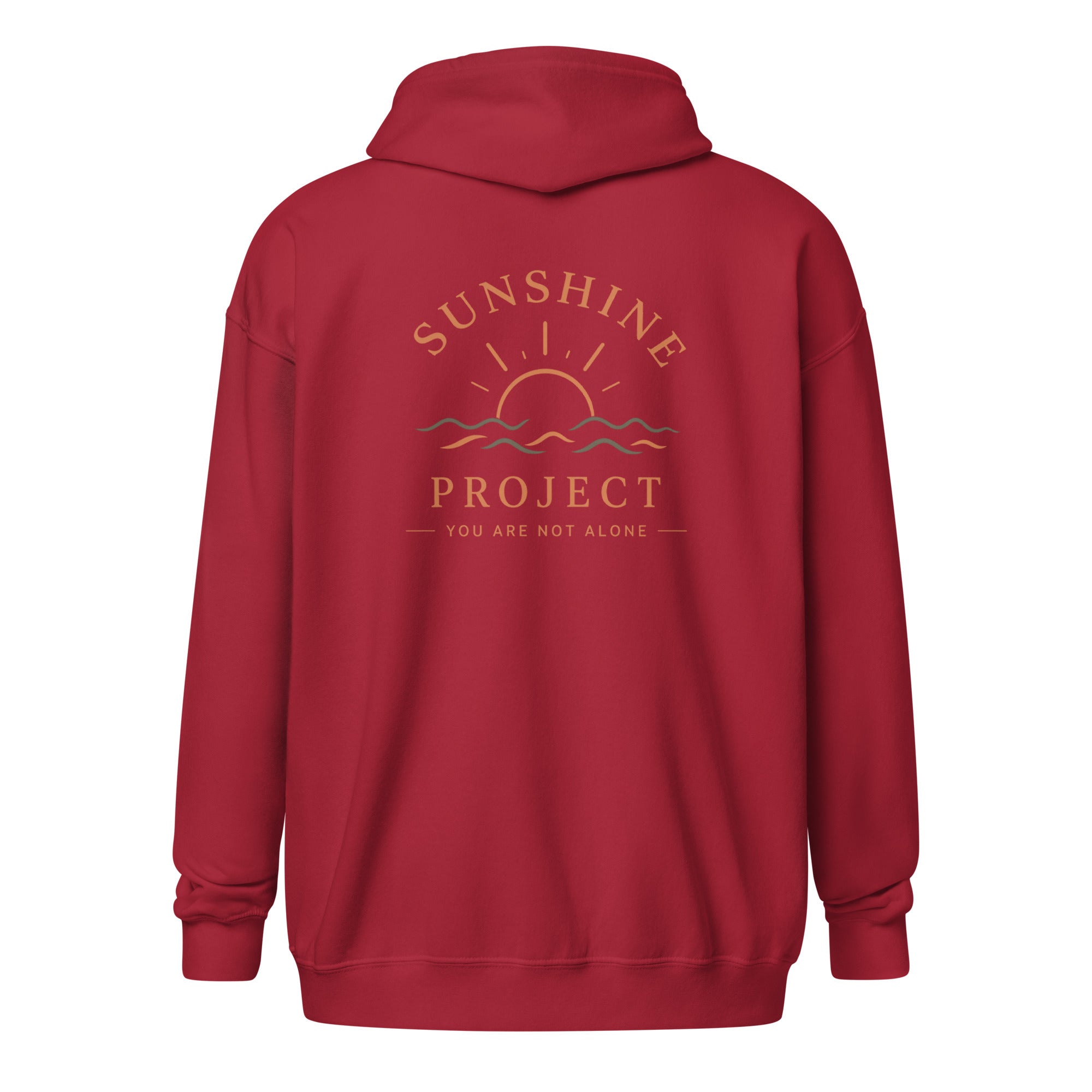 Sunshine Project You Are Not Alone zip-up hoodie in cardinal red – back view